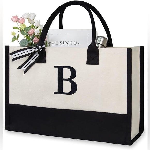 Handbags - Black & White Personalized Initial Jute/Canvas Tote Bag